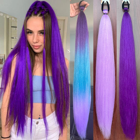 Synthetic Purple Ponytail Extension with Rubber Band Long Straight DIY Braided Pony Tail Hairpiece Women Hair Accessories
