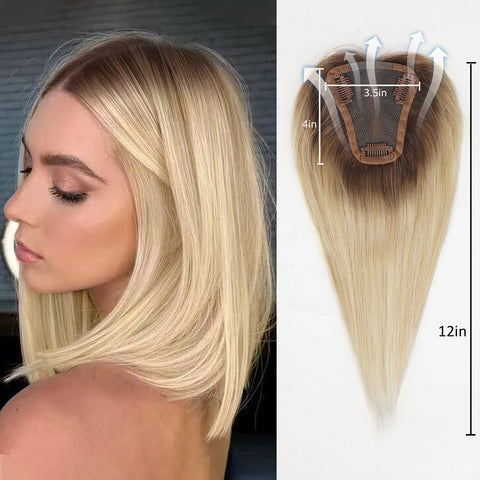Hair Toppers Blonde Brown Ombre 100% Remy Human Hair Topper HairPieces for Women 150% Density Silk Base 3Clip in Toppers 12inch