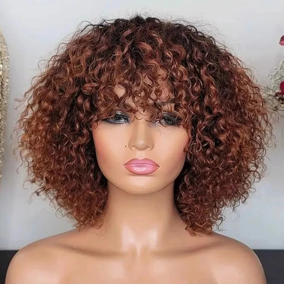 Sleek Jerry Curl Short Pixie Cut Bob Brazilian P4/27 Human Hair Wigs With Bang Natual Black Remy Highlight P1B/30 Ombre T1B/33