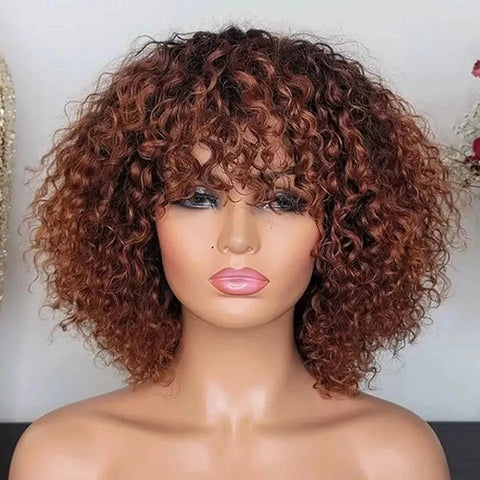 Sleek Jerry Curl Short Pixie Cut Bob Brazilian P4/27 Human Hair Wigs With Bang Natual Black Remy Highlight P1B/30 Ombre T1B/33