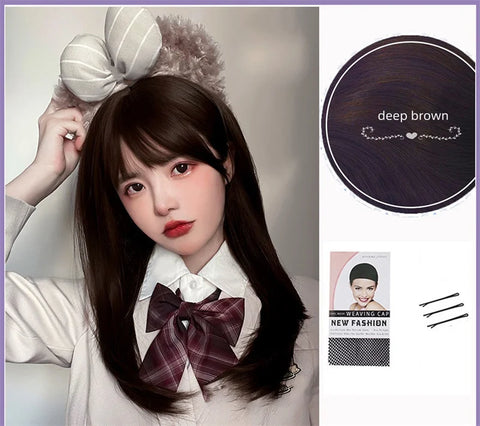 Korea Hair Extensions Synthetic Cute JK Girl Cosplay Air Bangs Wig Breathable Head Cover 50cm Long Straight Wig Hat for Women