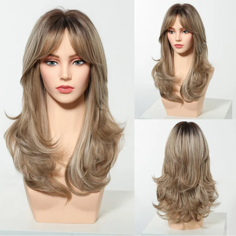 HENRY MARGU Grey Layered Synthetic Natural Wig Medium Length Straight Wig with Bangs for Women Daily Party Wigs Heat Resistant