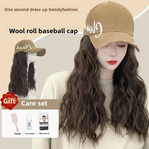 Korean Style Hat Wig Integrated Romantic Casual Face Slimming Long Curling Natural Comfortable Hair for Women
