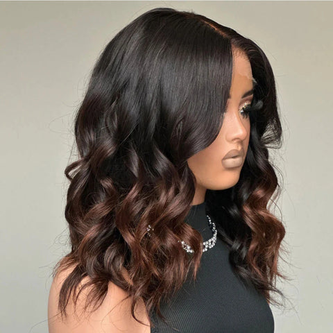 Ombre Brown Shoulder Length Human Hair Bob Wigs for Women Short Wavy 13x4 Lace Front Wig 16inch Pre Plucked Glueless Wig