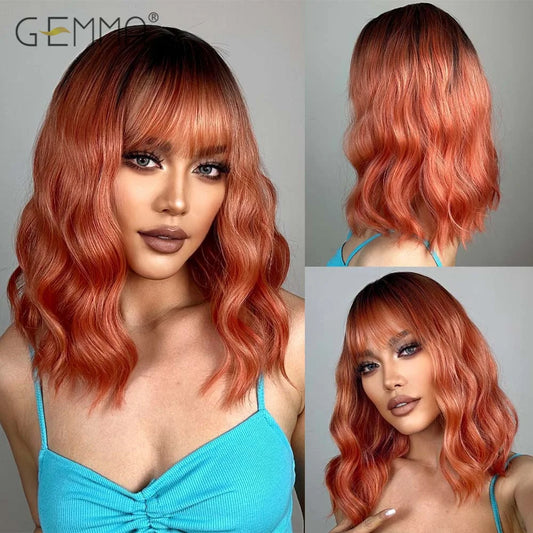 GEMMA Middle Length Red Brown Curly Wig with Bangs Synthetic Cosplay Wavy Natural Hair Wigs for Women Daily Heat Resistant Fibre