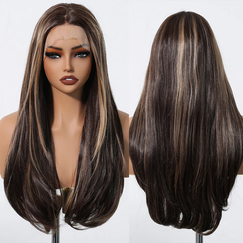 Long Straight Afro 13*6  Transparent Lace Frontal Synthetic Wigs Preplucked Brown Blonde Highlight Mixed Wig for Black Women Wig