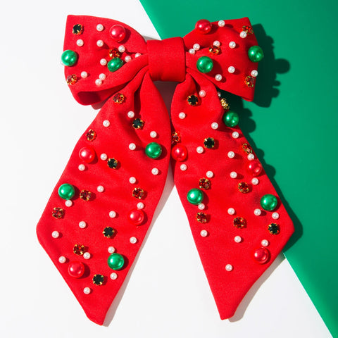 Christmas Bow Hairpin with Pearls - Festive Rhinestone Hair Clip for Women Holiday Party Hair Accessories