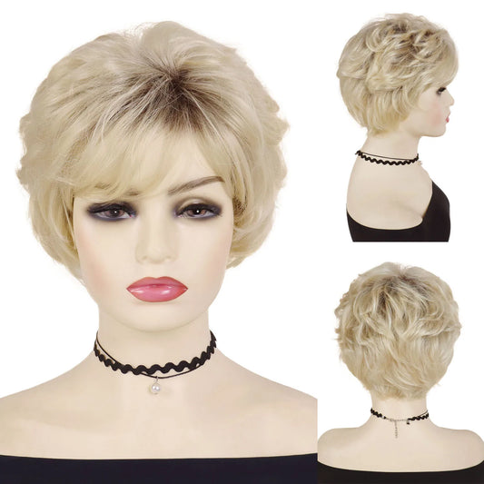 Short Wigs for Women Synthetic Hair Blonde Curly Wig with Bangs Ombre Blond Color Natural Mommy Wig for Daily Wear Pixie Cut Wig
