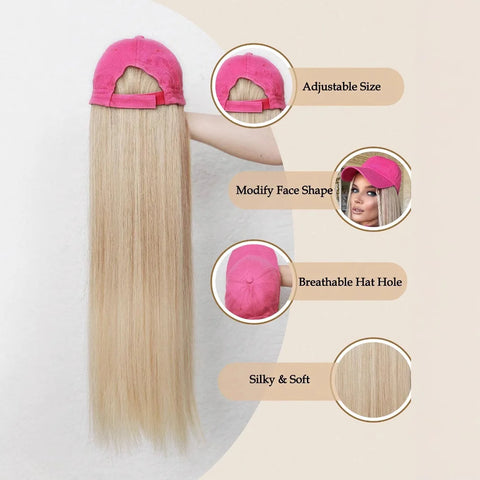 Baseball Cap with Hair Extensions Synthetic 22inch Straight Hairstyle Adjustable Wig Hat Attached Hairpiece for Woman Girl