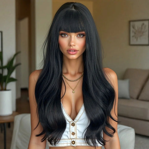 Fashion Purple to Gray Ombre Long Wavy Wig with Bangs for Women - 28 Inch Heat Resistant Synthetic Curls, Natural Style, Suitabl