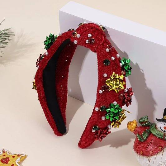 New Year Knot Wide Headband Christmas Snowflake Velvet Rhinestone Pearls Hair Hoop For Women Girls Xmas Headwear Accessories