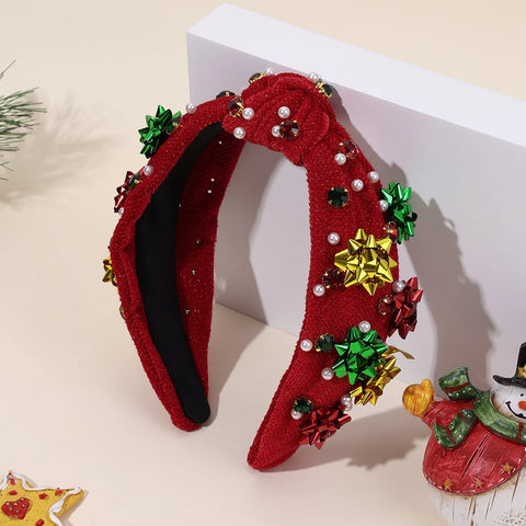 New Year Knot Wide Headband Christmas Snowflake Velvet Rhinestone Pearls Hair Hoop For Women Girls Xmas Headwear Accessories