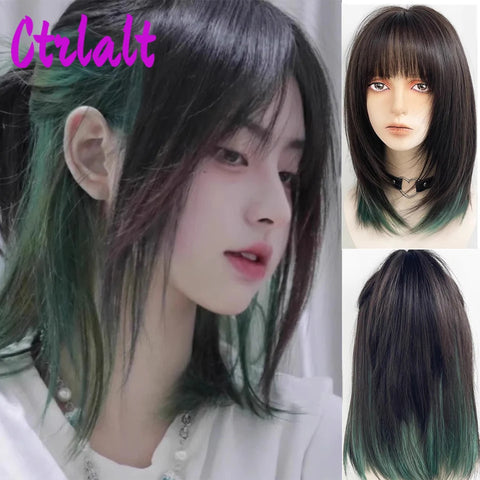 Shoulder Black Brown Layered Synthetic Natural Hair Wigs For Women Body Wave Daily Women's Wig with Curtain Bangs Heat Resistant