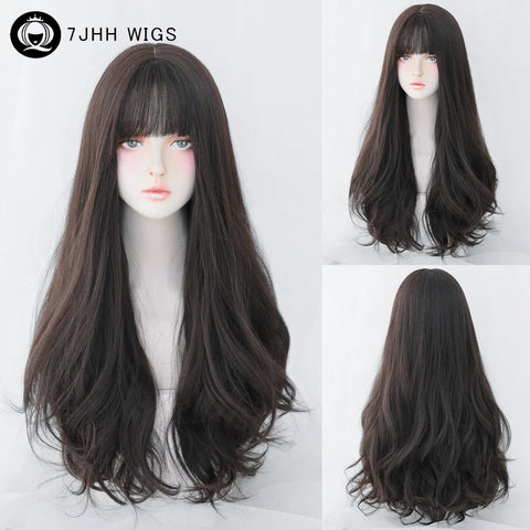 7JHH WIGS Honey Brown Wigs with Neat Bangs High Density Synthetic Loose Brown Hair Wig for Women Daily Use Beginner Friendly