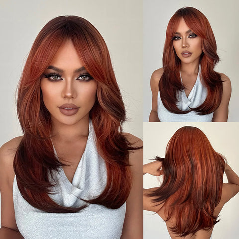 Straight Layered Synthetic Wigs Purple Black Ombre Wig with Bangs Middle Length Colored Cosplay Wig for Women Heat Resistant Wig