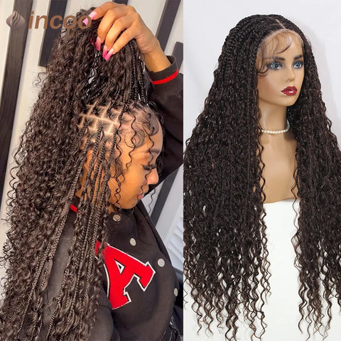 Boho Box Braided Wigs Curly Hair Synthetic Full Lace Front Wigs for Black Women Goddess Locs Braid Wig Bohemian Box Braid Wig