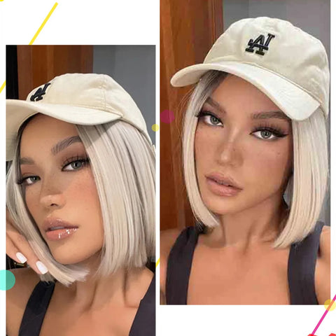 LOUIS FERRE Short Blonde Bob Synthetic Wigs With Dark Root Shoulder Length Blonde Straight Wig Mixed White Hair High Temperature