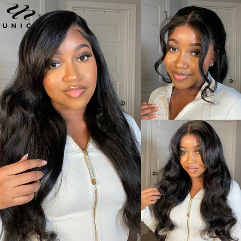 UNICE Hair Drawstring 13x4 Lace Frontal Human Hair Wig Pre Cut Pre Bleached Peel & Stick Body Wave Lace Front Wig 150% Density