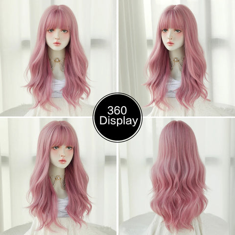 7JHH WIGS Long Wavy Pink Wigs for Women Daily Party Costume Synthetic Hair Wig with Bangs Halloween Costume Carnival Lolita Wig