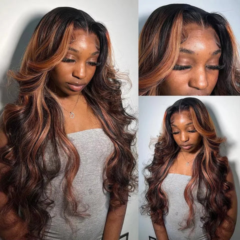 Mossily Ombre Highlight 13x4 Lace Front Wig Human Hair 1B/30 Black Brown Body Wave Wigs Transparent Lace Brazilian For Women