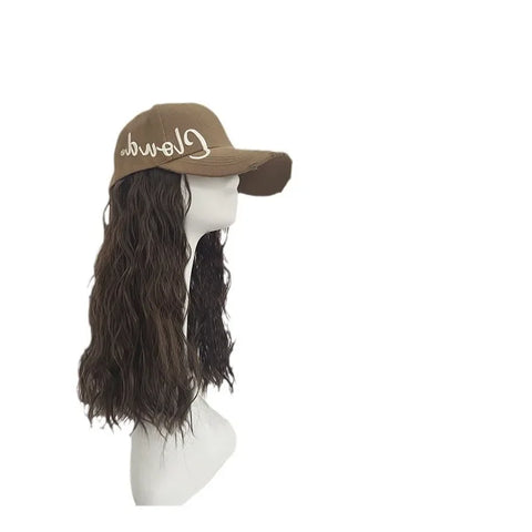 Korean Style Hat Wig Integrated Romantic Casual Face Slimming Long Curling Natural Comfortable Hair for Women