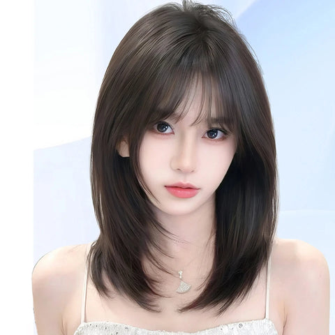 Shoulder Black Brown Layered Synthetic Natural Hair Wigs For Women Body Wave Daily Women's Wig with Curtain Bangs Heat Resistant