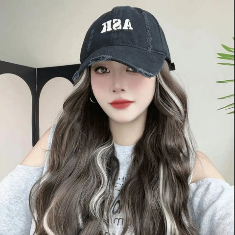 Long Straight Hat Wig for Women Natural Brown Wigs Connect Synthetic Baseball Cap Highlight Hair Hat Wig Adjustable Fake Hair