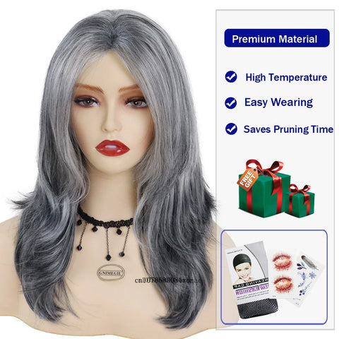Grey Layered Long Synthetic Wigs with Bangs Silver Gray Wavy for Women Salt and Pepper Natural Looking Daily Use Heat Resistant