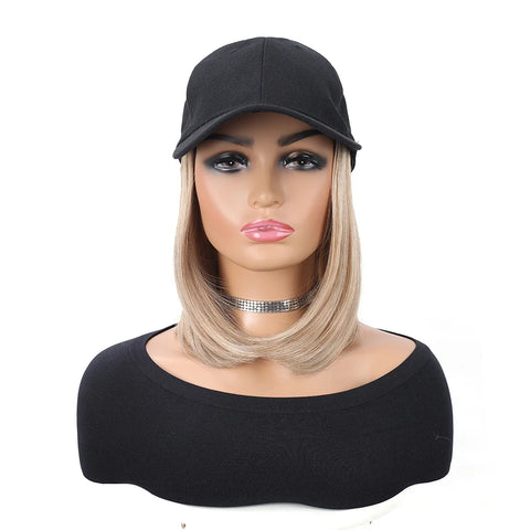 Baseball Cap with Synthetic Hair Extensions Straight Short Bob Hairstyle Adjustable Removable Wig Hat 10 inch for Woman Girl