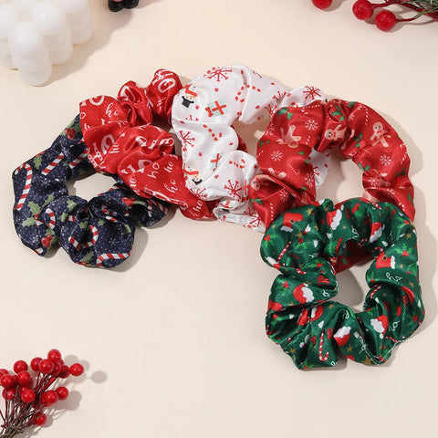 5Pcs Various Christmas Style Hair Ties Santa Hat Print Satin Scrunchies For Women Girls New Trendy Xmas Party Hair Accessories