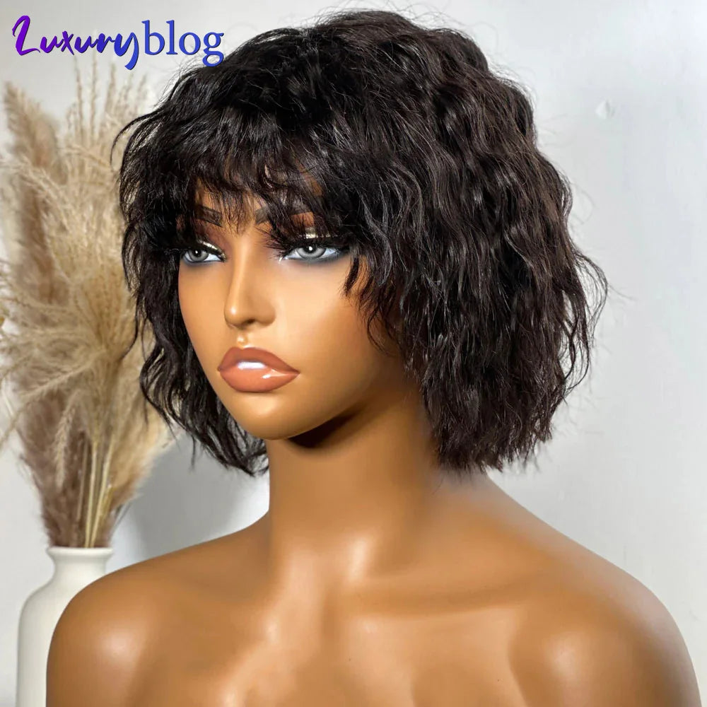 Water Wavy Short BoB Human Hair Wigs Pixie Cut 13x4 Lace Front Wigs with Bangs Pre Plucked Brazilian Hair Curly Wig for Women
