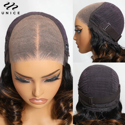 UNICE Hair Upgrade Drawstring Balayage Body Wave Wig 7x5 Pre Cut Pre Bleached Lace Front Human Hair Glueless Wig 150% Density