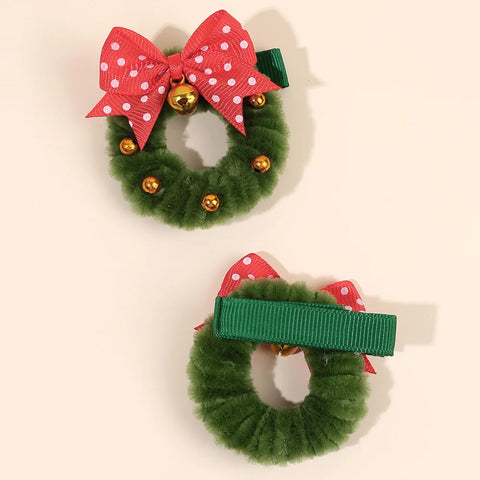 2Pcs Christmas Wreath Hair Clips With Bell Polka Dot Bow Hairpins Fluffy Barrette For Girls Christmas New Year Hair Accessories