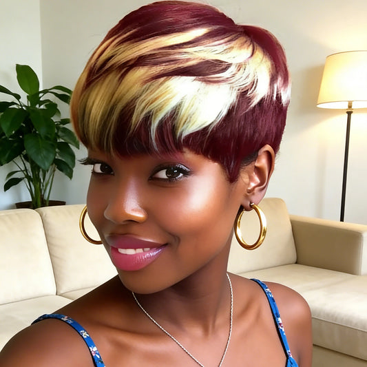 Short Pixie Cut Wigs Human Hair Highlight Short Bob Wigs 613 Burgundy 99J Colored full Machine made Wigs