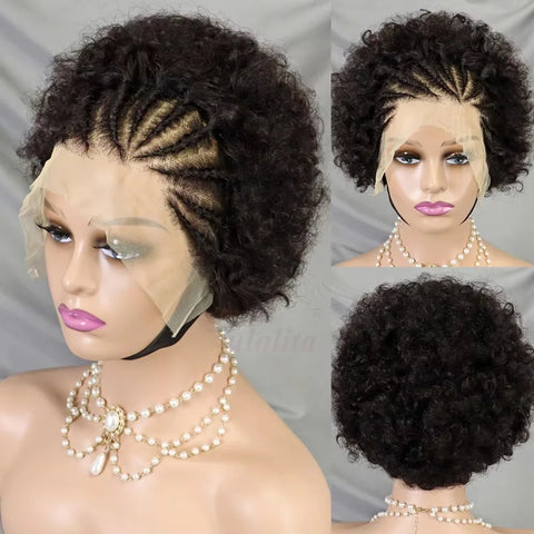 13x4 Lace Front Afro Short Curly Wig Human Hair Precolored Front Braided Afro Curly Human Hair Wig Brazilian Bouncy Curly Hair