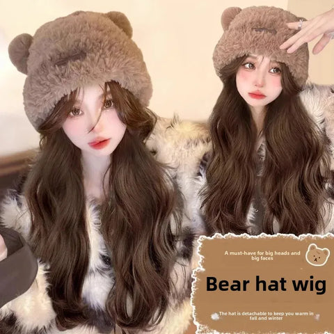 Women's Integrated Long Hair Wig Hat Autumn Winter New Popular Bear Ear Cap Full Head Cover Natural Looking Fiber Hair Extension