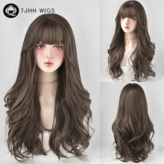 7JHH WIGS Honey Brown Wigs with Neat Bangs High Density Synthetic Loose Brown Hair Wig for Women Daily Use Beginner Friendly
