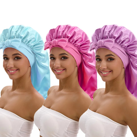 1/2/3pcs Satin Sleep Caps with Ribbon Tie - Black & Pink, Polyester Night Hats for Long Hair, Casual and Stylish Design