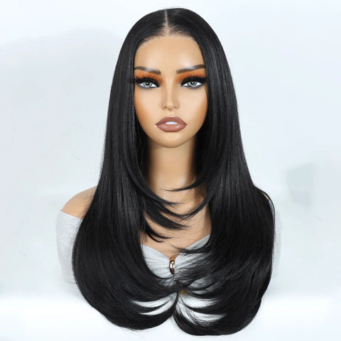 Synthetic Lace Front Wigs For Black Woman Layered Straight Wear and Go Glueless Wigs Ombre Brown T Part & 6x4 Pre Plucked Wig