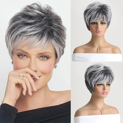 Short Natural Wigs with Bangs Soft Mommy Hair Daily Use Short  Grey Ombre Curly Synthetic Hair Costume Party Wig for Women