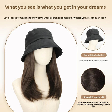Hat Wig One-Piece Female Natural Fashion Sun-Proof Sun-Proof Bucket Hat Straight Hair Synthetic Wig Full-Head  wigs for women