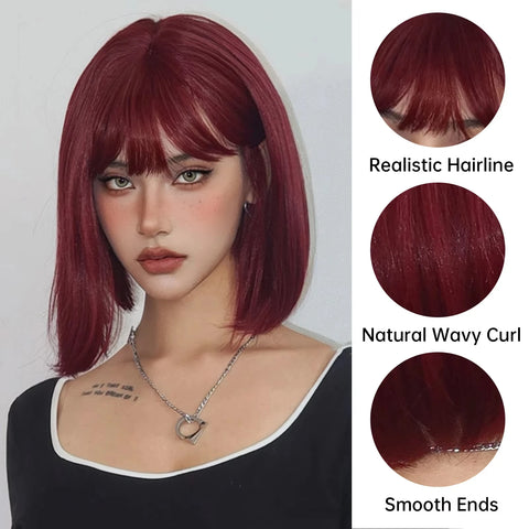 Short Bob Burgundy Straight Synthetic Wig with Bangs Wine Red Fake Hair for Cosplay Women Party Daily Use Heat Resistant Wigs