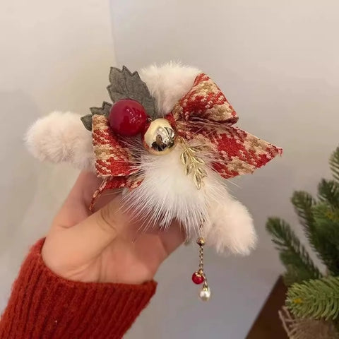 1PC Christmas Plush Hair Clips Set: Festive Bow&Bell Details, Fluffy Pom - Pom Design, Cute Hair Accessories For Holiday Parties