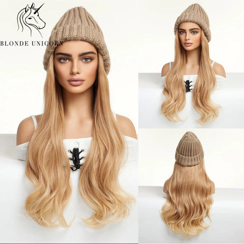 Blonde Unicorn Hat wigs Cap with Hair Hat Wig Blonde Wavey Wig Separable Synthetic Hair Women Daily Party High Temperature