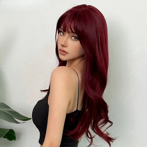 Synthetic Burgundy Long Wavy Wig Wine Red Colorful Cosplay Lolita Wigs with Bangs for Women Afro Natural Hair Heat Resistant