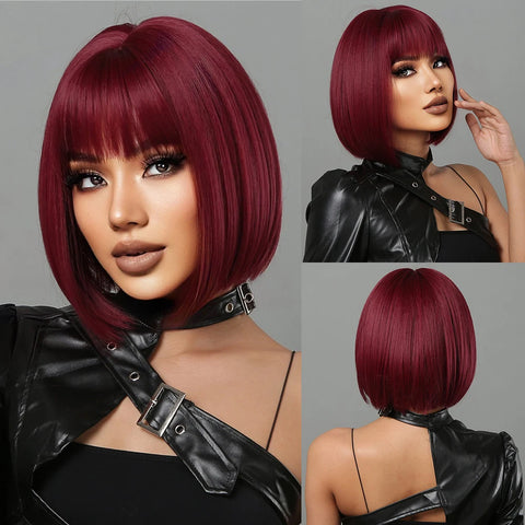 GEMMA Dark Brown BoBo Synthetic Wig with Bangs Shoulder Length Straight Wig for Women Cosplay Daily Hair Wig Heat Resistant Fibr