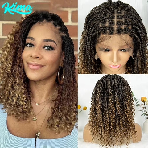 Short Boho Bohemian Box Braids Braided Wig Full Lace Boho Braided Wigs Synthetic Curly Hair with Baby Hair for Black Women