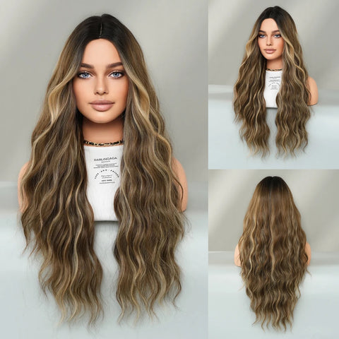 PARK YUN Costume Wig Long Wavy Brown Wig For Women Daily Party Dark Roots Synthetic Blonde Highlight Wigs High Density With Bang