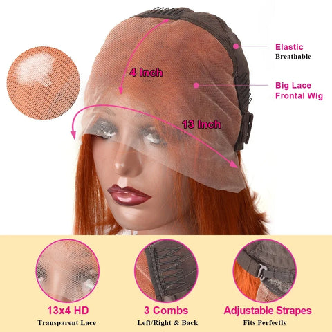 13x4 Lace Front Short Bob Wig 350 Ginger Orange Color Straight Transparent Lace Frontal Wigs Human Hair For Black Woman 10 Inch