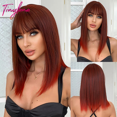 Long Straight Ombre Brown Synthetic Wigs with Bangs Brown Layered Wig Cosplay for Women Afro Daily Natural Hair Heat Resistant